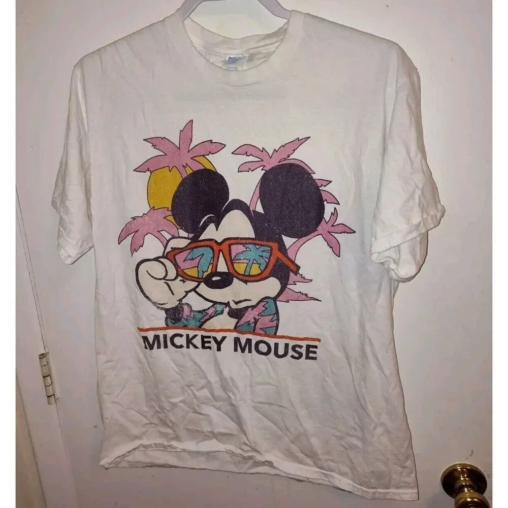 Disney Pink Palm Tree Mickey Mouse Sunglasses Miami Vice Men T-Shirt Large White